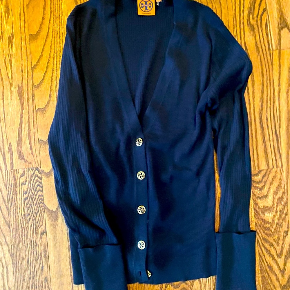 Tory Burch navy logo button cardigan.